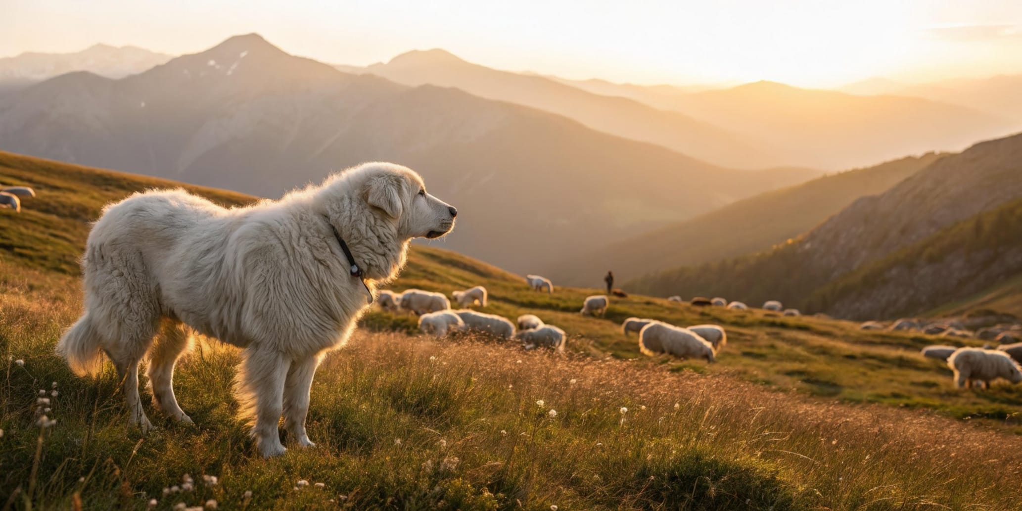 Weisser grosser Herdenschutzhund schaut auf seine Gruppe von Schafen, Sonnenuntergang im Hintergrund Bergpanorama