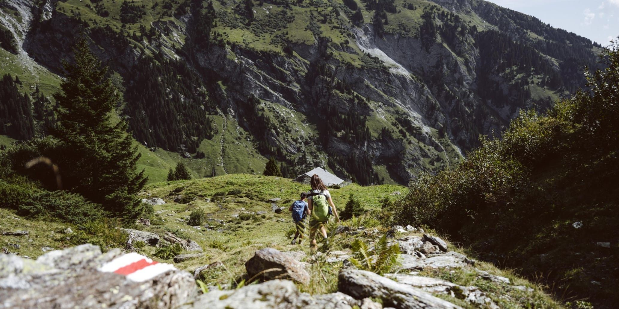 Zwei Personen wandern auf schmalem Pfad Berg hinunter