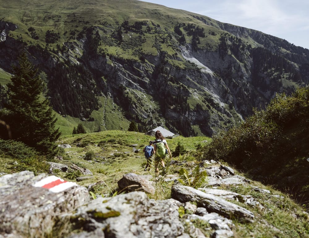 Zwei Personen wandern auf schmalem Pfad Berg hinunter