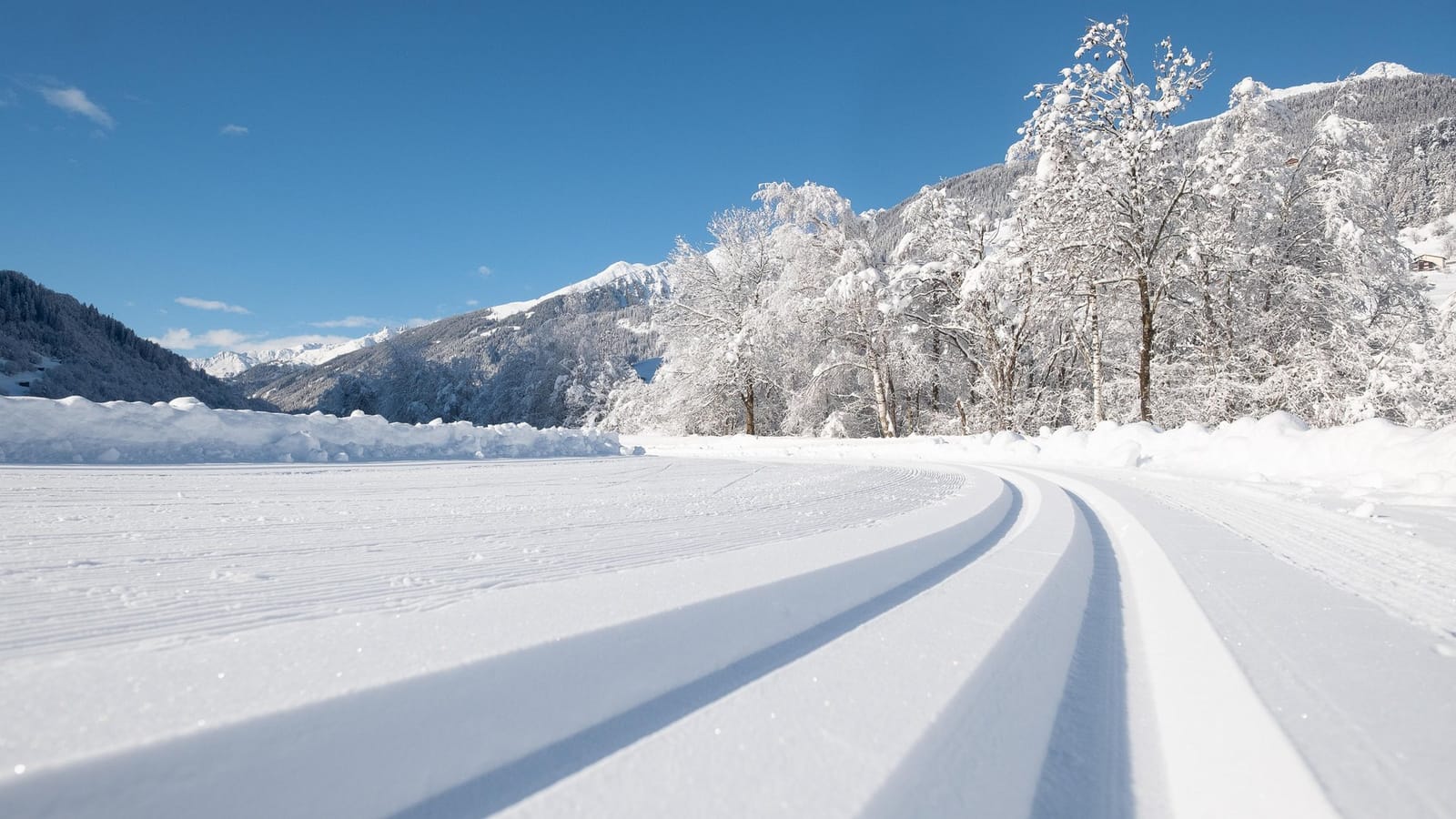 Frisch gespurte Langlaufloipe mit blauem Himmel