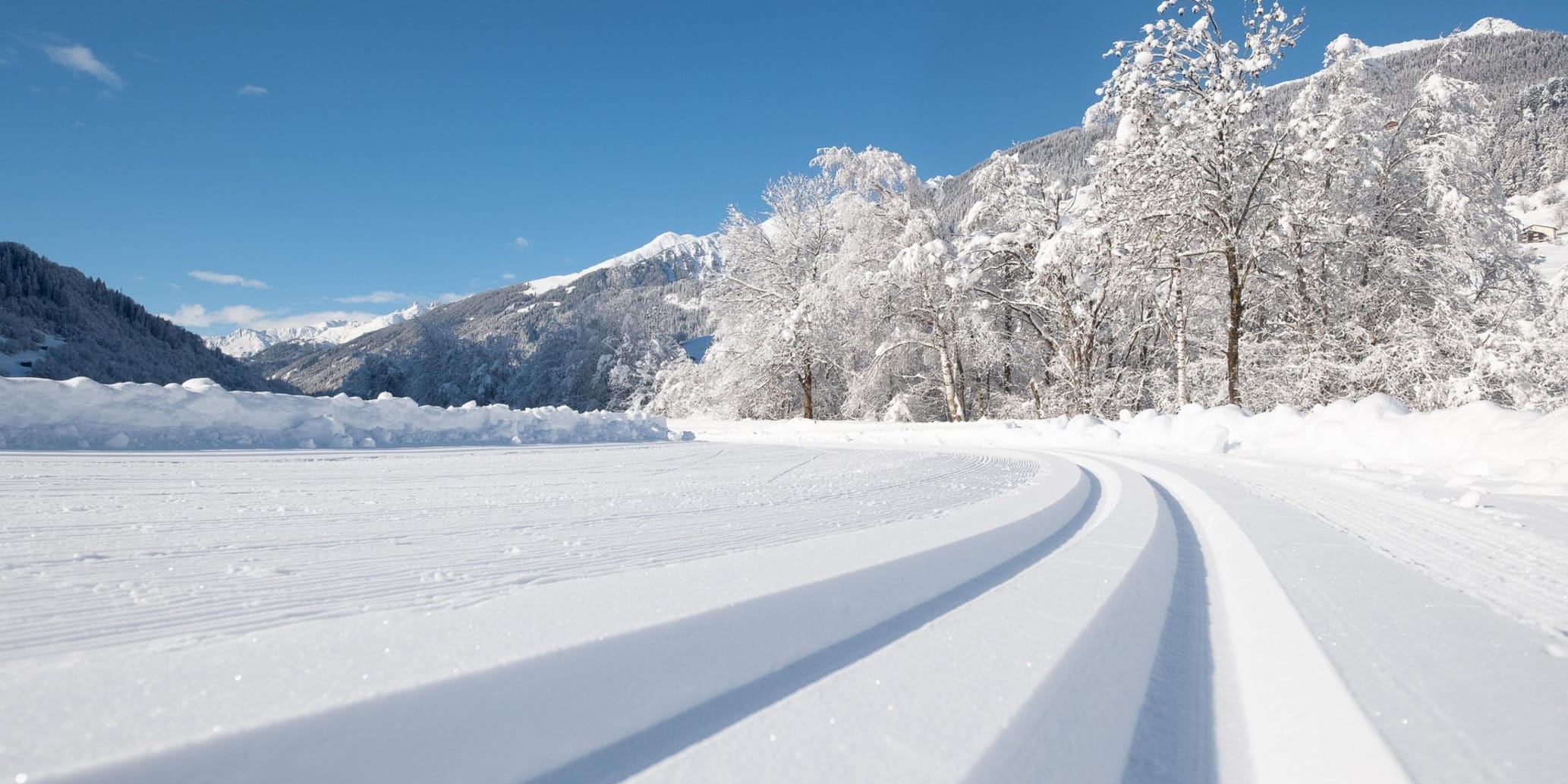 Langlaufloipe in Winterlandschaft bei schönem Wetter, Nahaufnahme