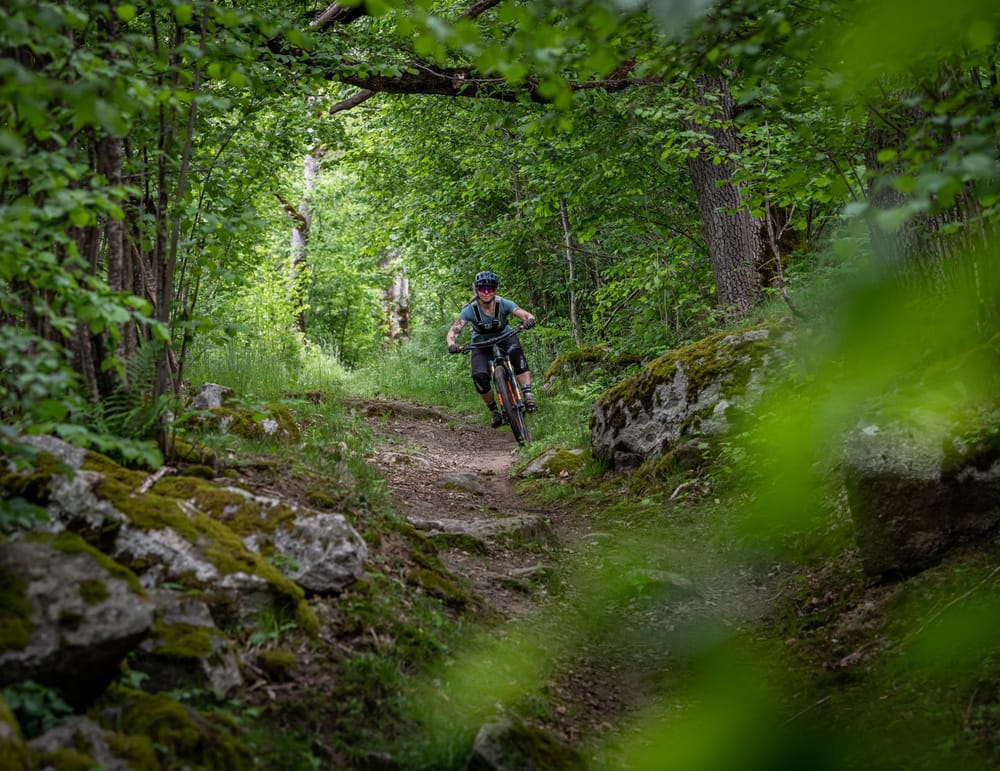 Bikerin fährt auf unebenem Waldweg auf Betrachter zu